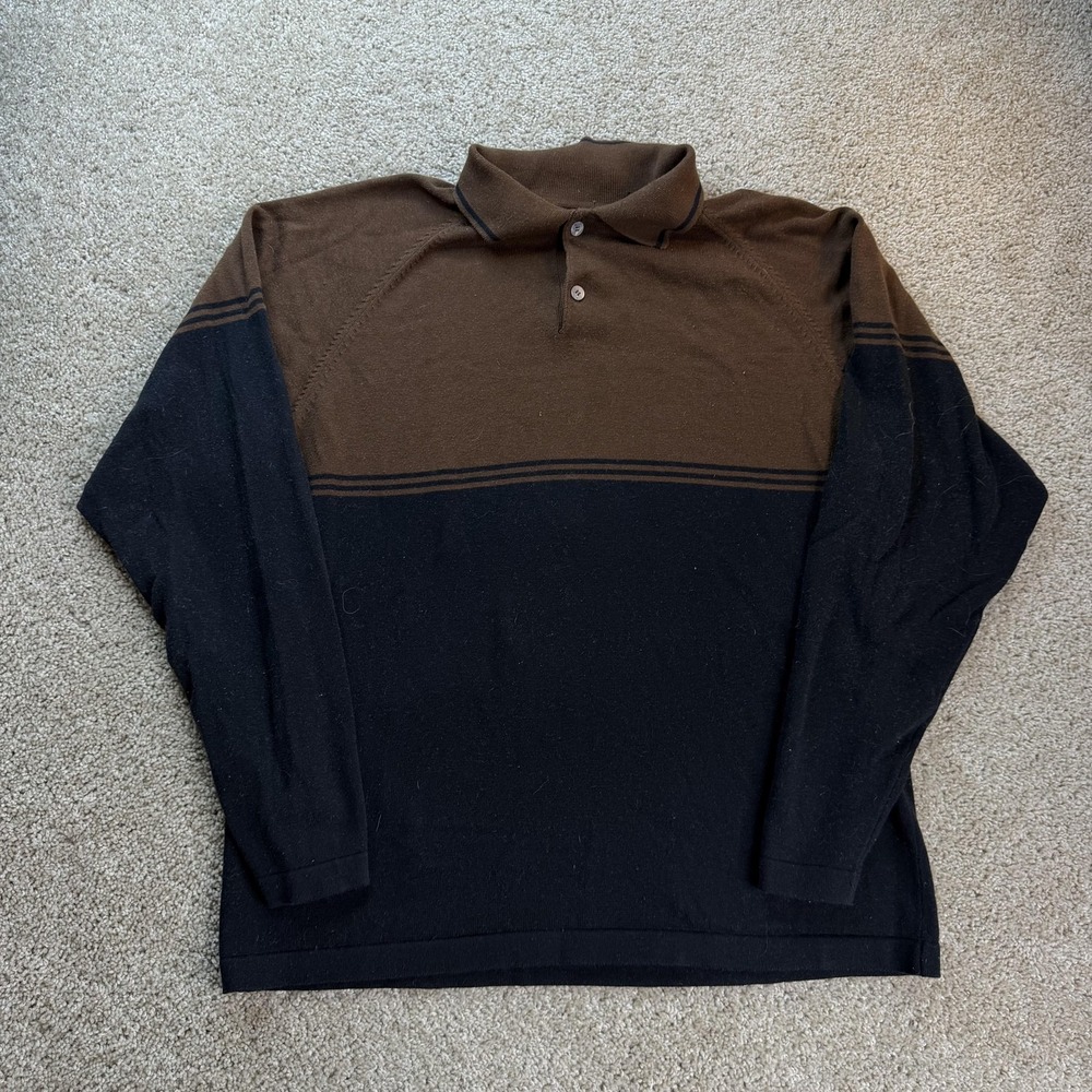 Vintage Pierre Cardin Sweater Mens XL Black Brown Striped Collared Knit Pullover